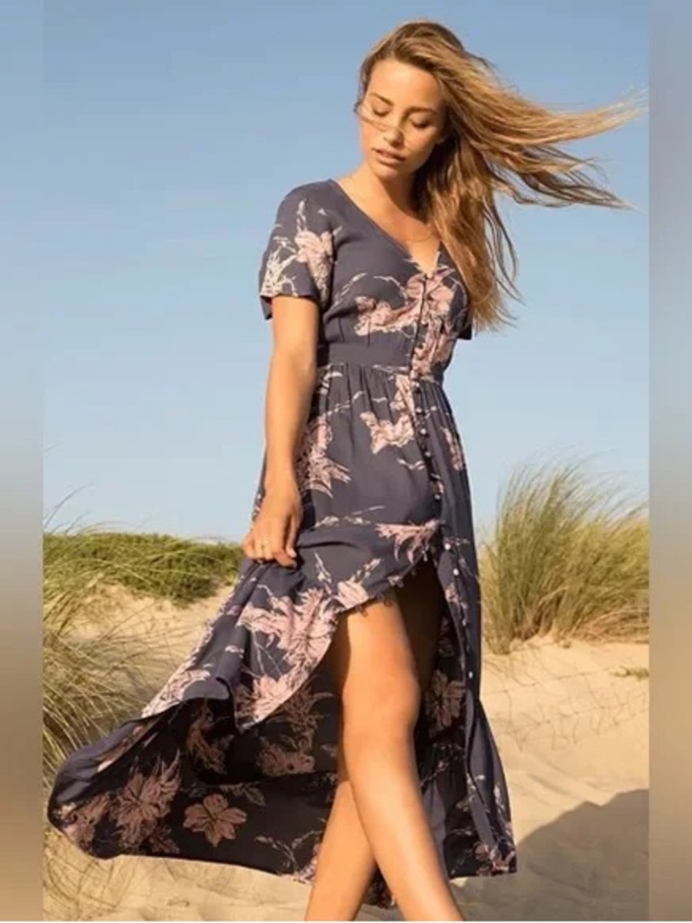 Roxy Navy Maxi Dress with Blush Floral Print Bright Daylight